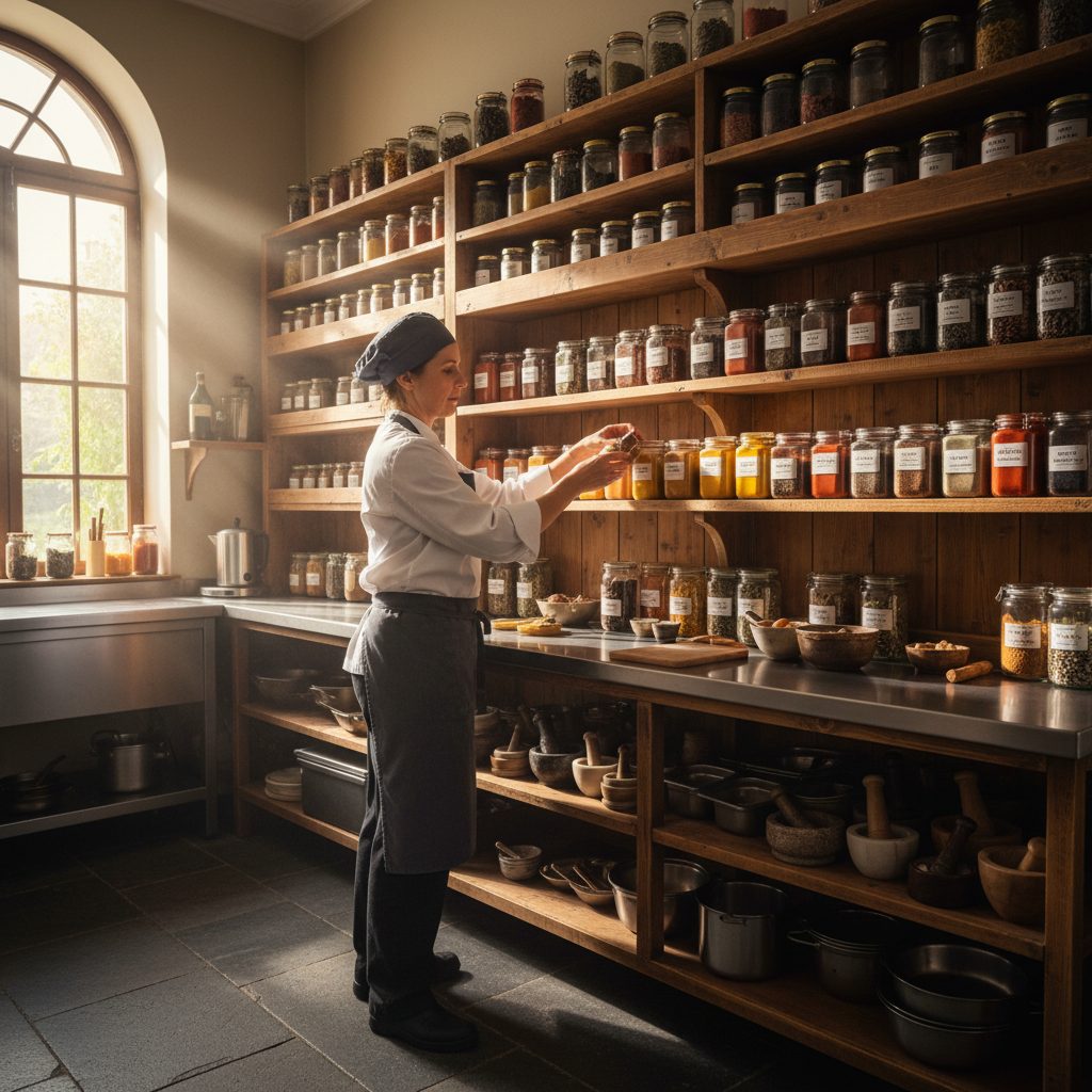 Professional chef preparing multiple dishes in a bright home kitchen, organized mise en place on the counter, warm natural lighting