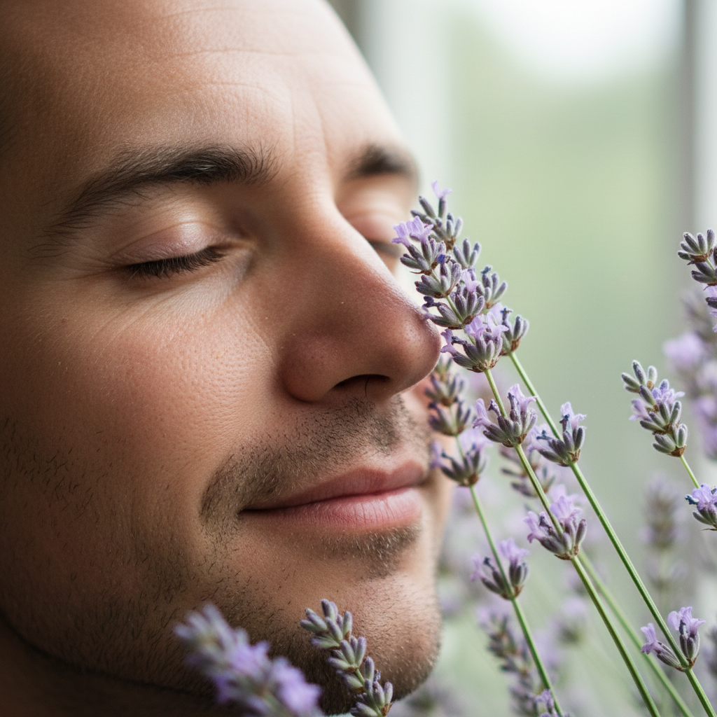 Theodore pressing his face into a lavender stem, eyes closed in deep satisfaction