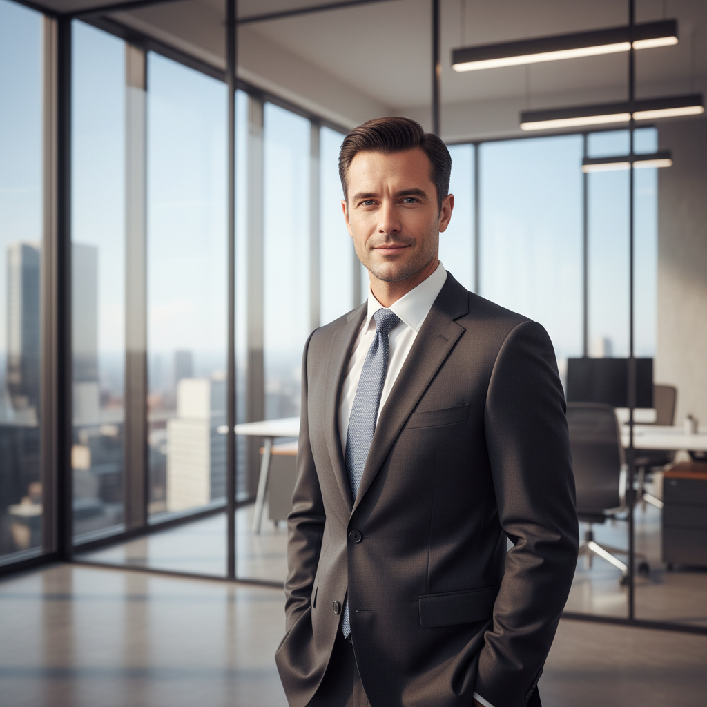 Professional man in dark suit with confident expression in modern office