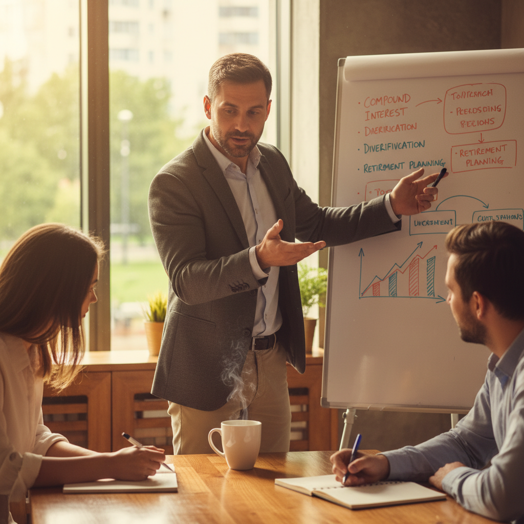 Financial trainer mid-explanation at a whiteboard, two learners leaning in with natural window light catching a coffee mug on the table