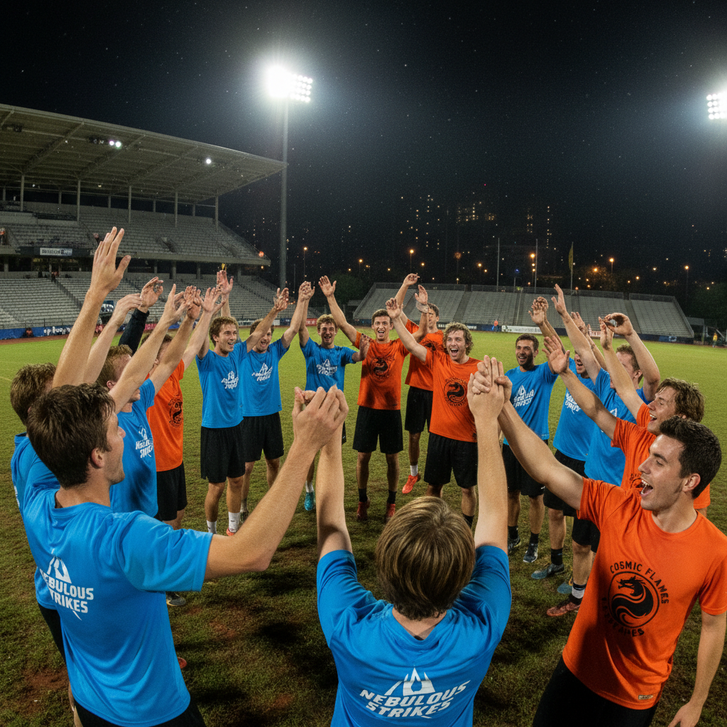 Players forming a spirit circle after a universe point game, hands raised, jerseys from two opposing teams visible, stadium lights overhead