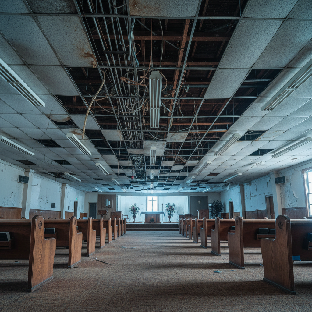 Church sanctuary interior with sagging drop ceiling, fluorescent tube lighting, worn carpet