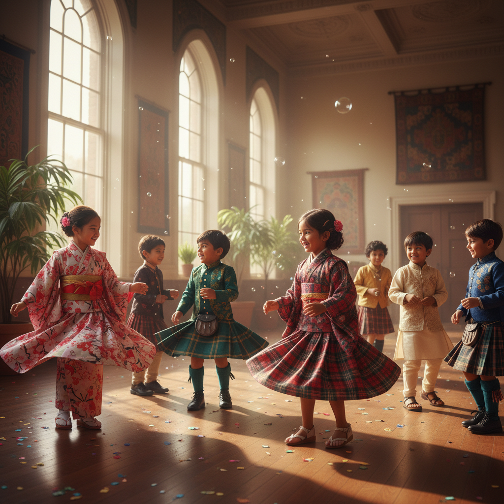 Kids in streetwear clothing, bright airy environment, playful energy, well-lit natural setting