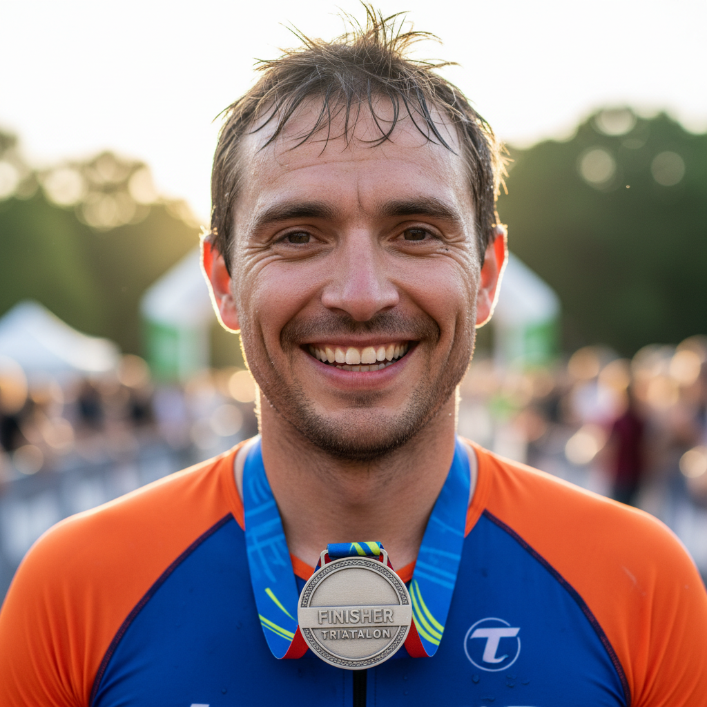Marcus Webb, 34-year-old software engineer triathlete, smiling after race finish with medal