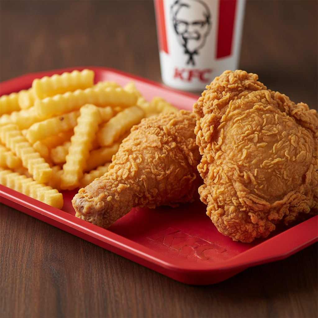 Classic KFC meal with chicken pieces, sides and golden biscuits on tray