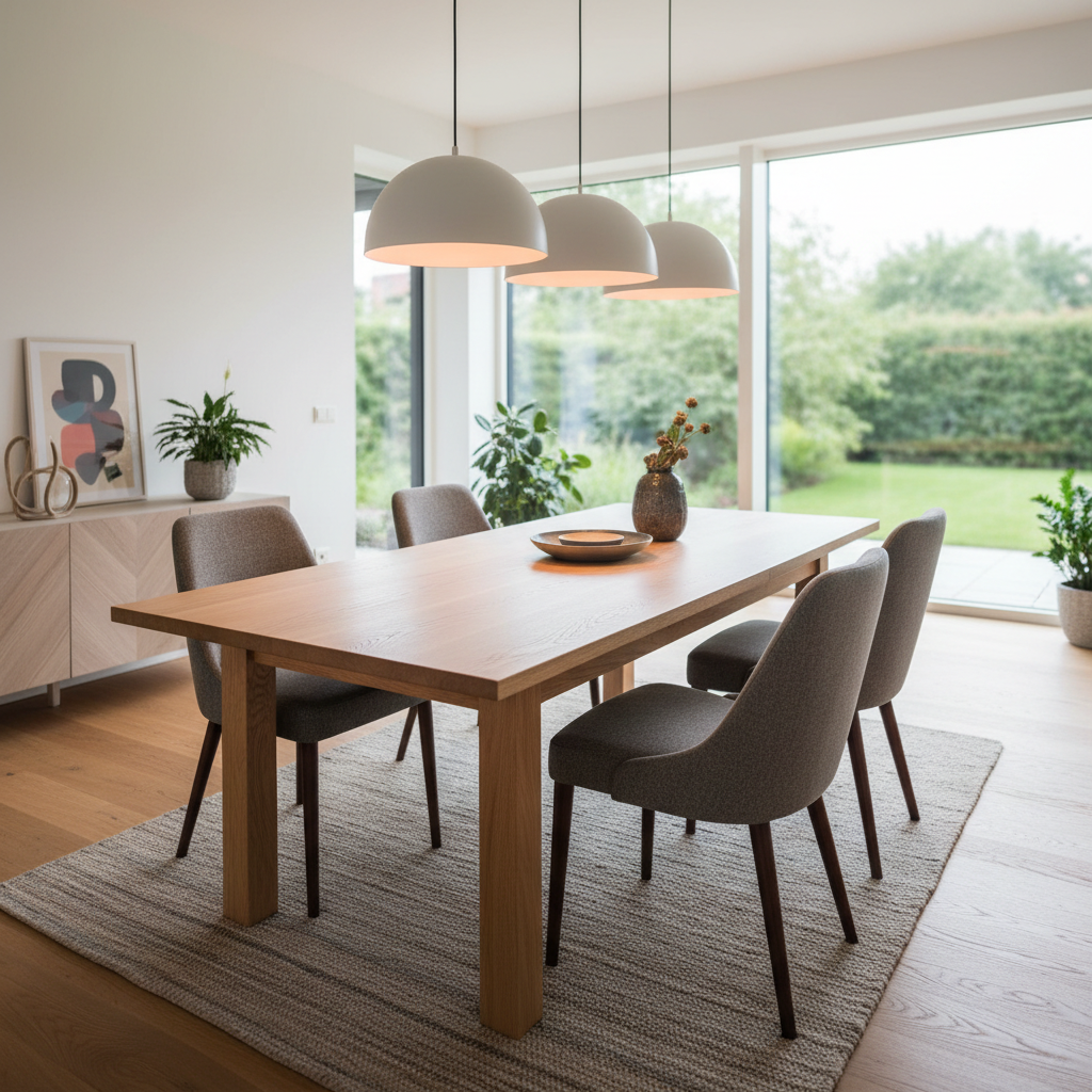 Mesa de comedor extensible con tapa de mármol blanco y base de metal plateado en comedor luminoso con ventanas grandes