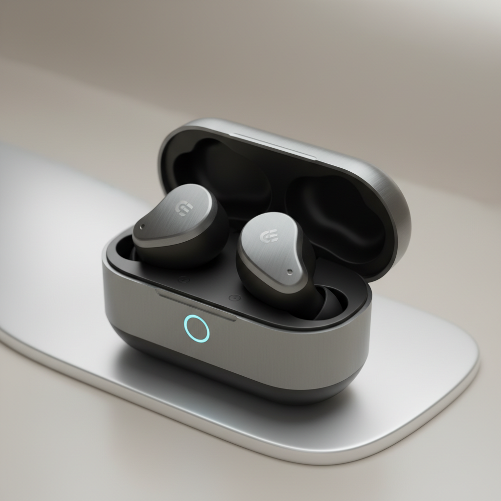 Blue wireless earbuds in open charging case on white surface