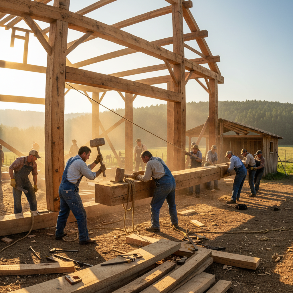 Timber frame structure being raised with hand tools, sawdust on worn denim, afternoon sun cutting through half-built walls