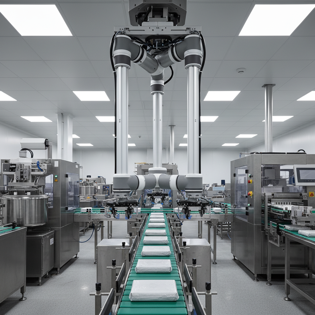 Delta robot arm rapidly picking and placing items on a high-speed production line