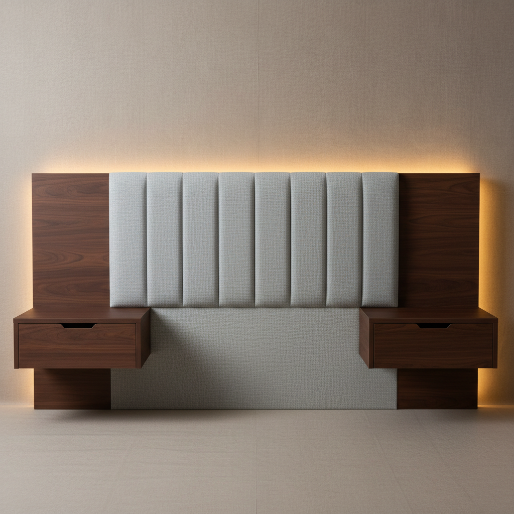 Close-up of custom walnut headboard with integrated recessed reading light at precisely 180mm from pillow edge