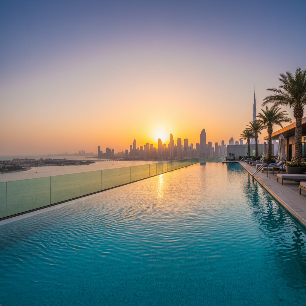 Private rooftop terrace with infinity pool, sun loungers, panoramic Abu Dhabi skyline view at sunset