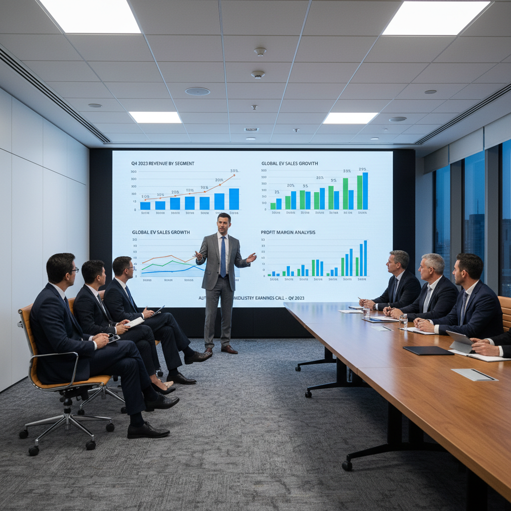 Corporate earnings presentation in conference room with automotive data charts on screen