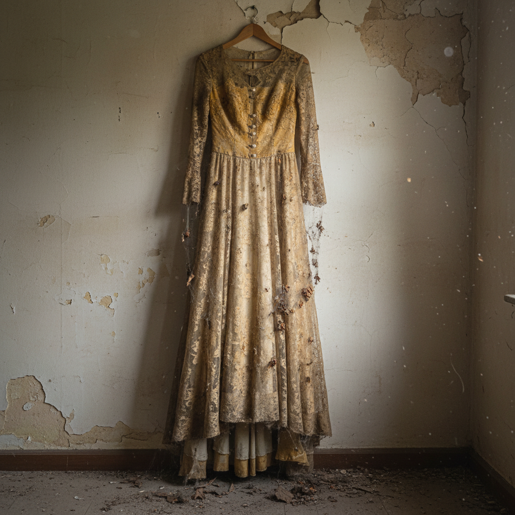 Yellowed ivory silk wedding gown folded in a cedar chest, fragile and beautiful