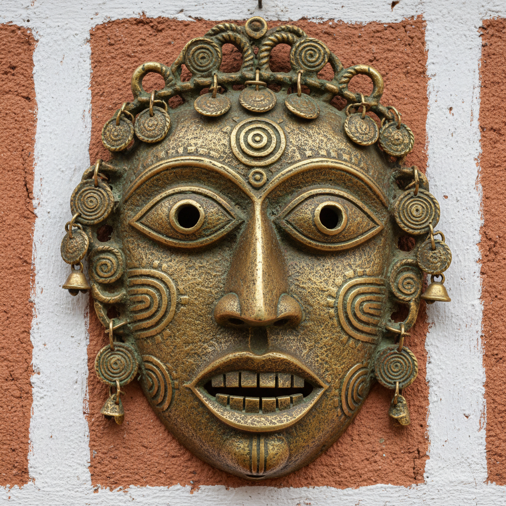 Decorative Tribal Mask — Bell Metal artifact, warm studio lighting