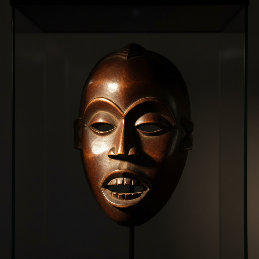 Masque Dan en bois sombre poli avec sourcils arqués et bouche ouverte, éclairé de côté dans vitrine sombre