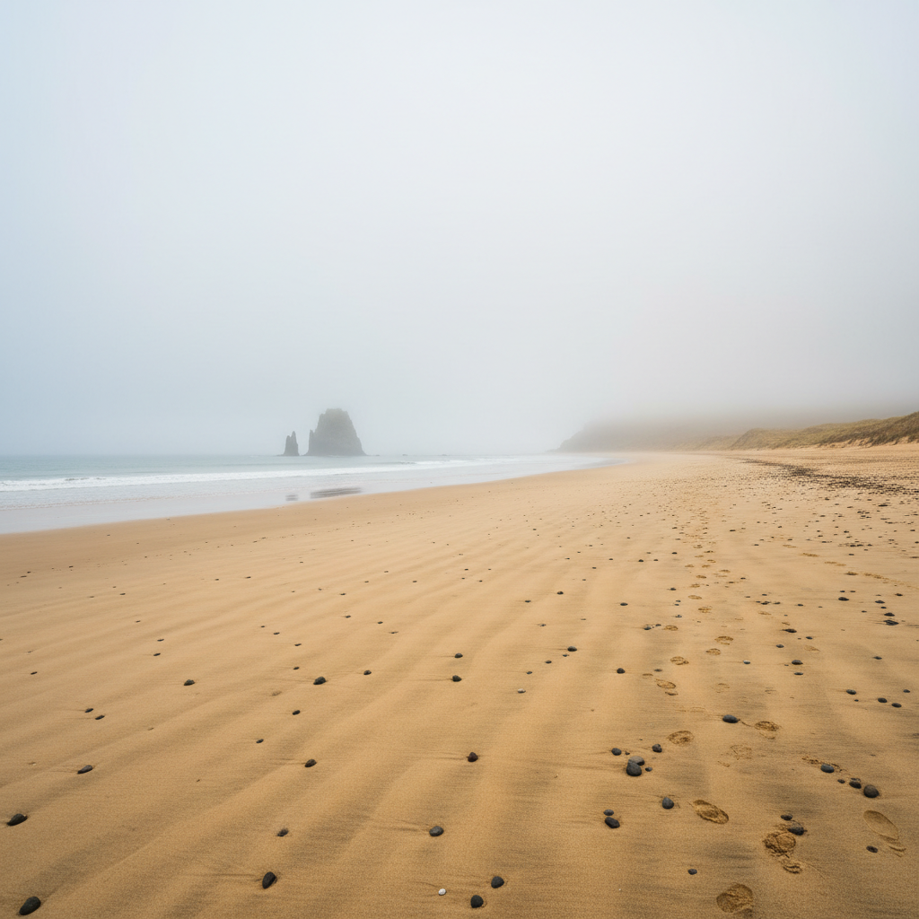 Pristine empty beach at Sandwood Bay stretching into mist with dramatic sea stack Am Buachaille visible