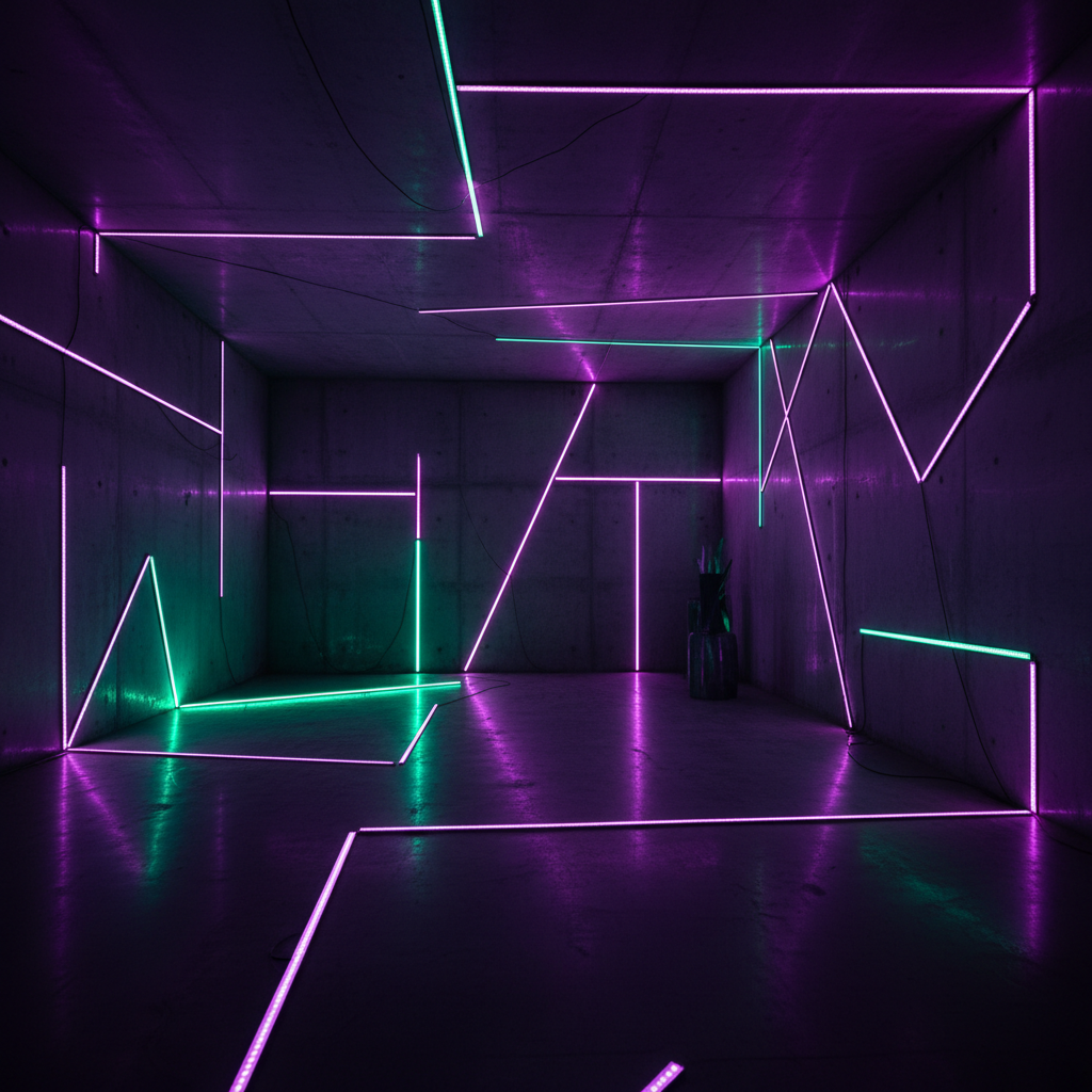Colorful RGB LED lights illuminating a dark room with purple and blue glow, atmospheric lighting