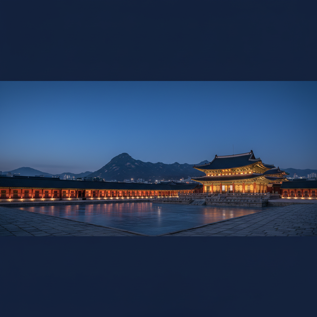 Gyeongbokgung Palace in Seoul at dusk, traditional Korean architecture against dark moody sky, atmospheric lighting