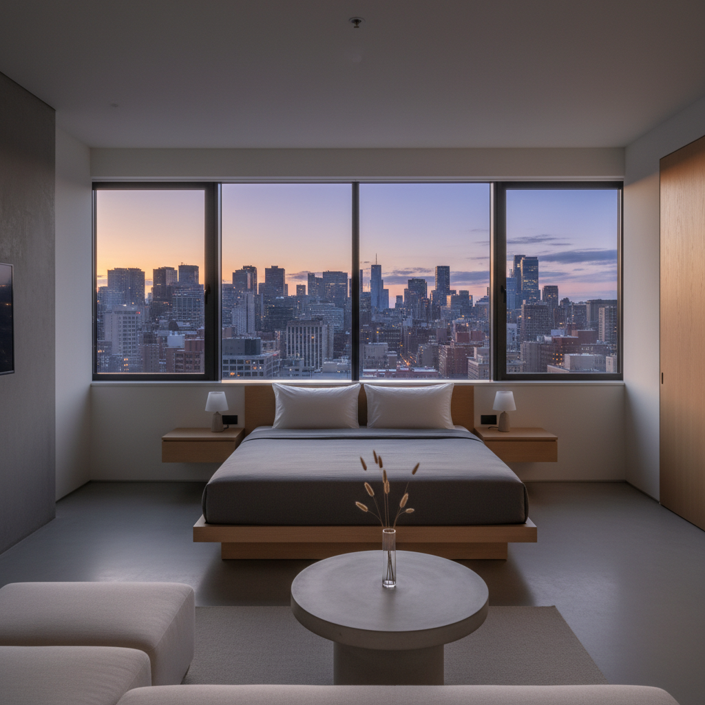 Minimalist luxury hotel room with floor-to-ceiling windows overlooking volcanic landscape at dusk, dark moody interior, warm amber glow