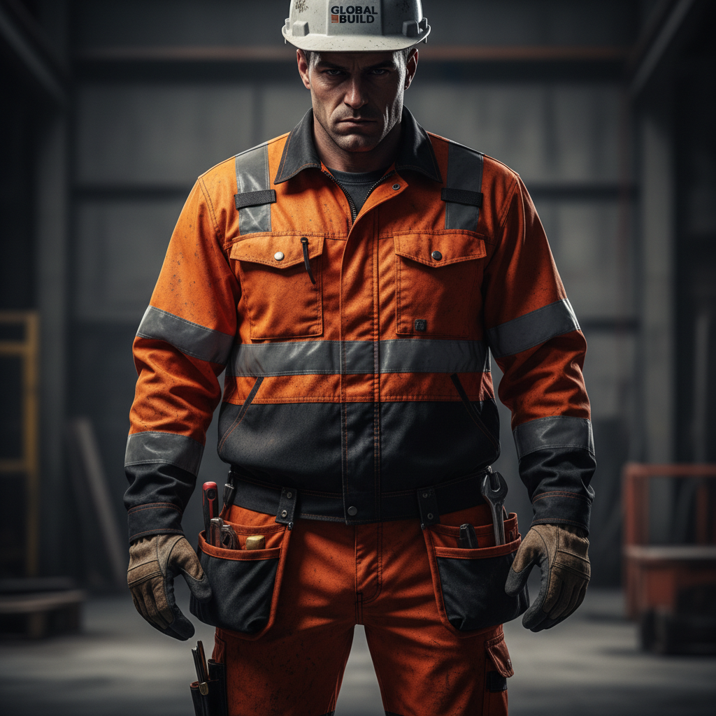Worker in Uniform workwear — hi-vis jacket with reflective strips, standing center-frame under hard overhead light, jaw-down cropping, reinforced knee panels visible