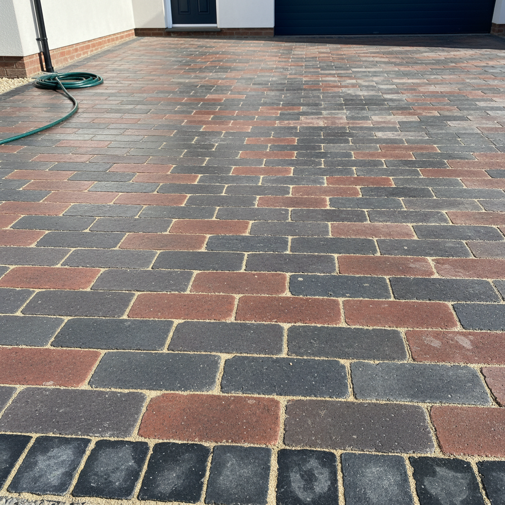Newly laid driveway and patio in bright daylight, professional outdoor paving work