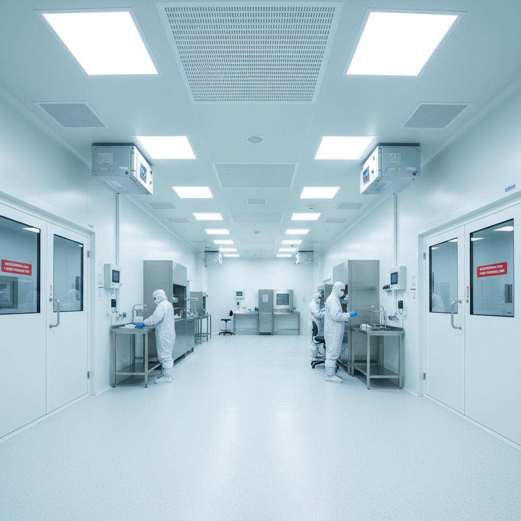 Pharmaceutical production line with capsule filling machines in bright white clean room, airy industrial space