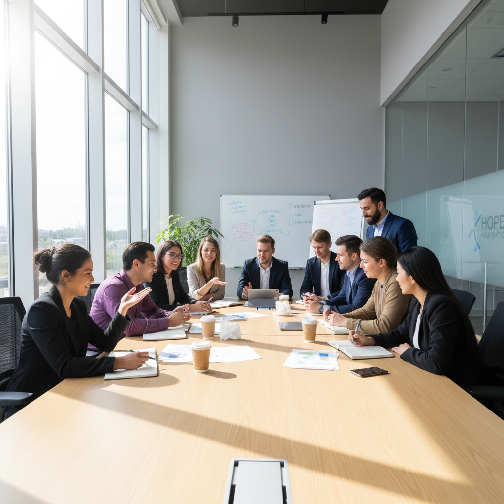 HopeForward team members gathered around a table in a bright office, diverse group of people collaborating, warm natural light