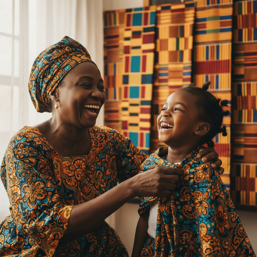 Grandmother wrapping ankara fabric around young girl's shoulders, both laughing, with kente banners in the background