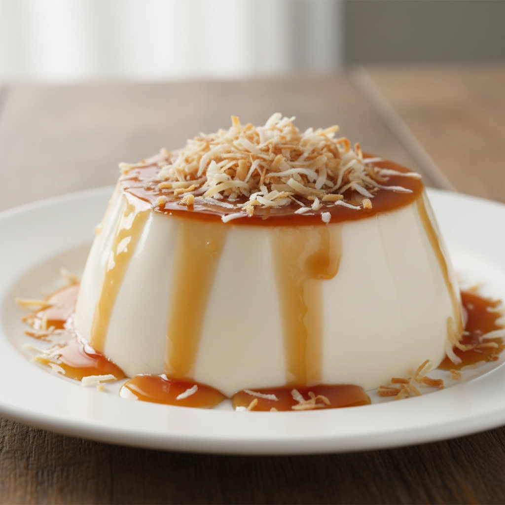 Perfect Filipino leche flan caramel custard on white plate with golden caramel glaze, bright studio lighting