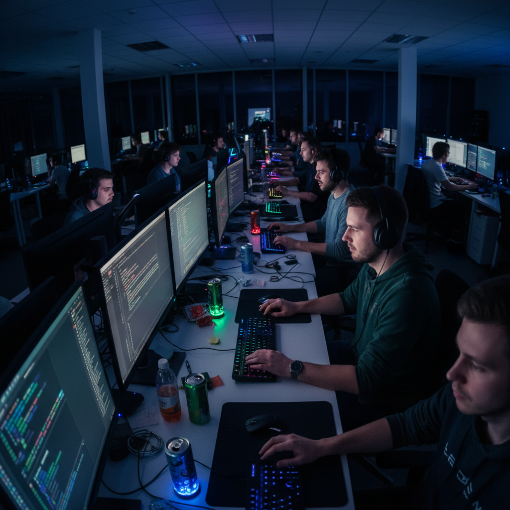 Developer at laptop with multiple monitors showing code editor late at night