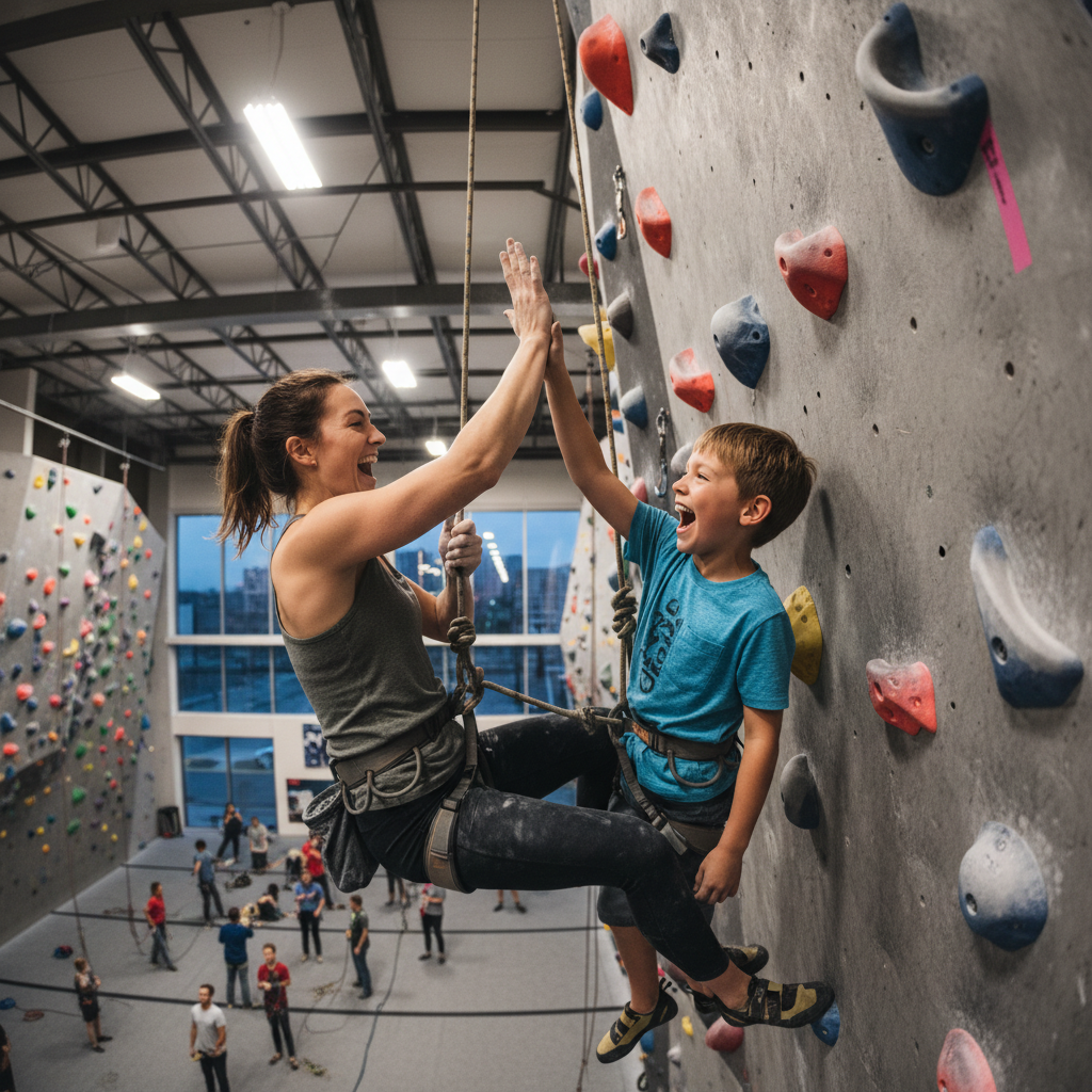 Parent and child climbing together at Summit gym, laughing and high-fiving at the top