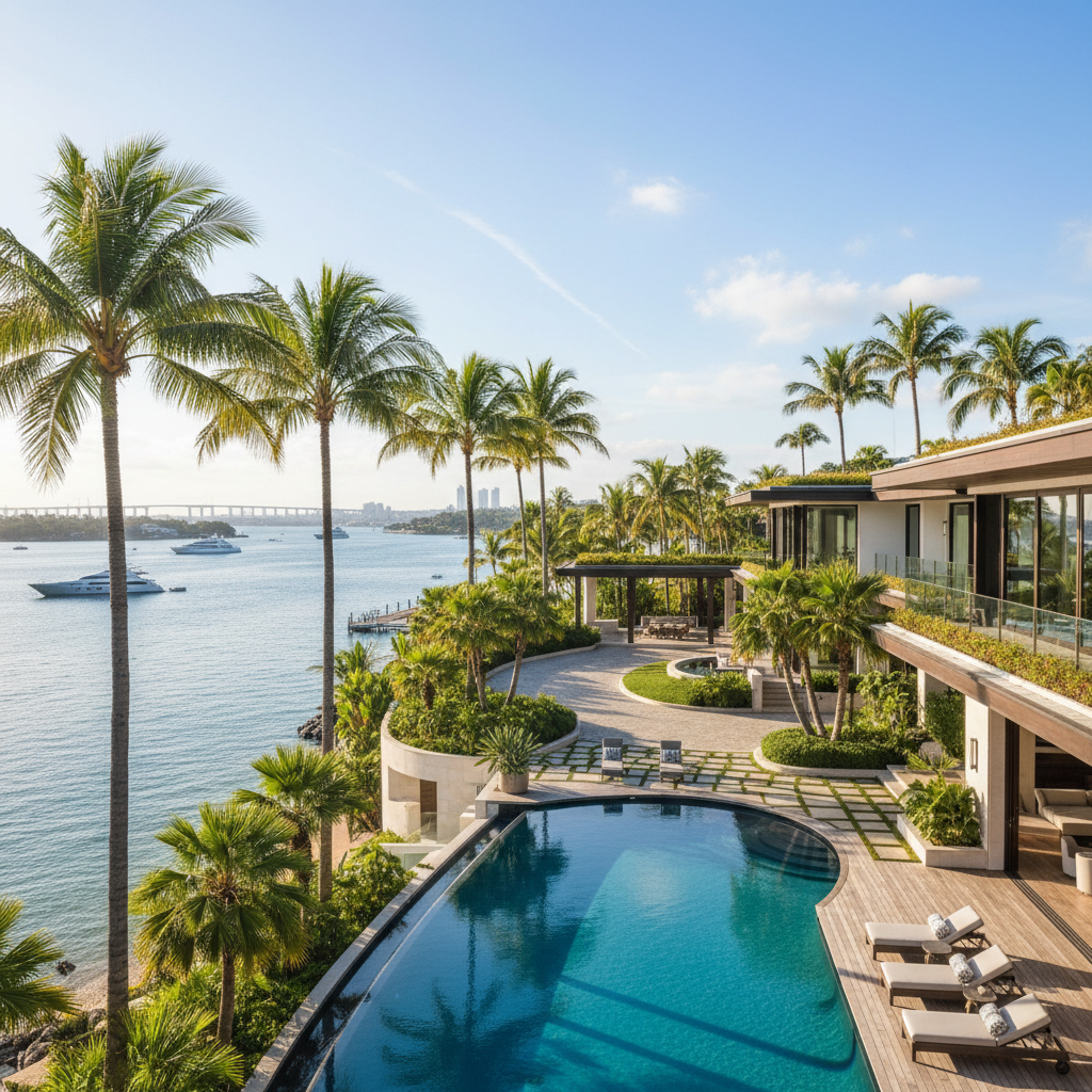 Luxury waterfront estate in Naples Florida with pool, palm trees, and manicured grounds