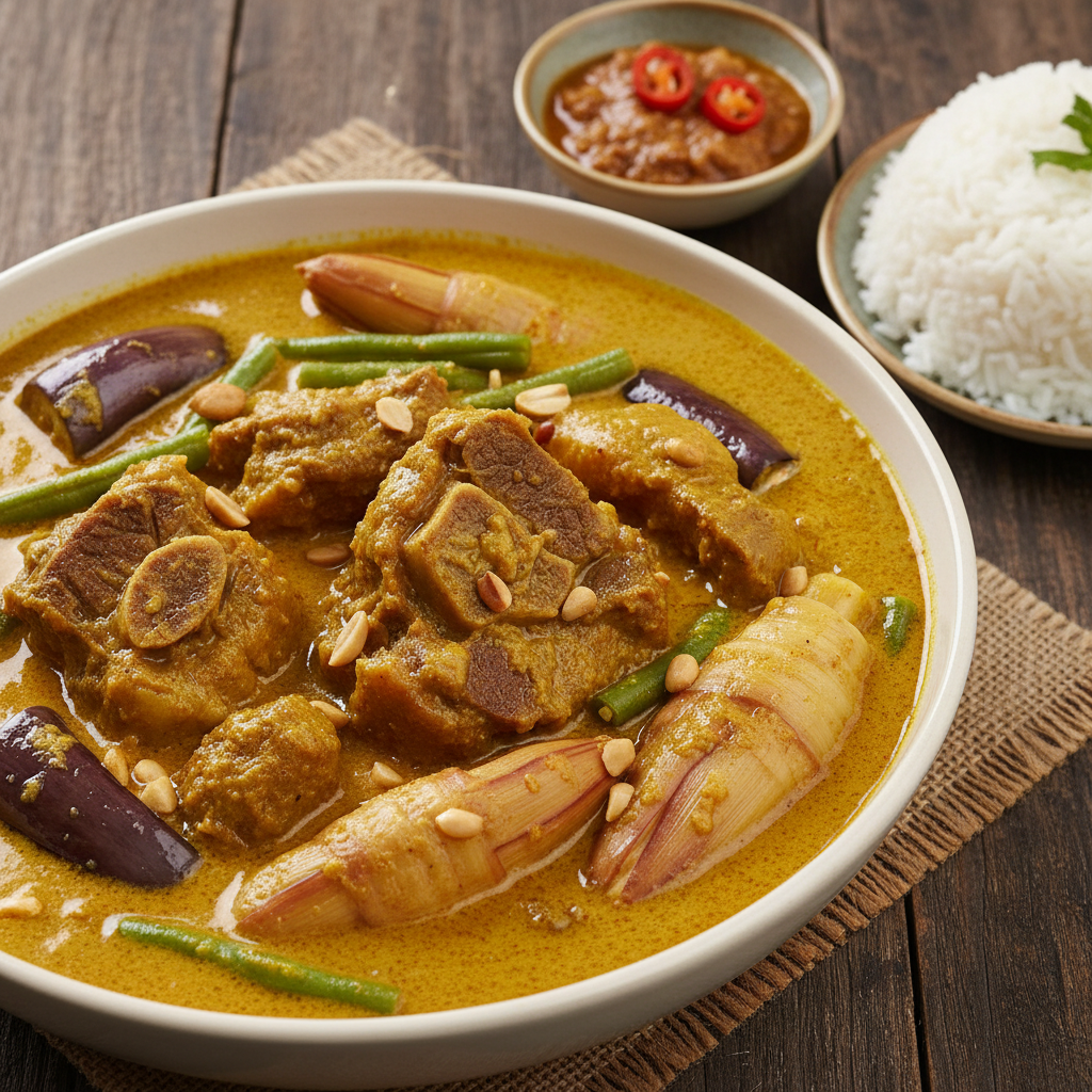 Bowl of kare-kare oxtail stew with golden peanut sauce, eggplant and banana blossom, earthy warm tones