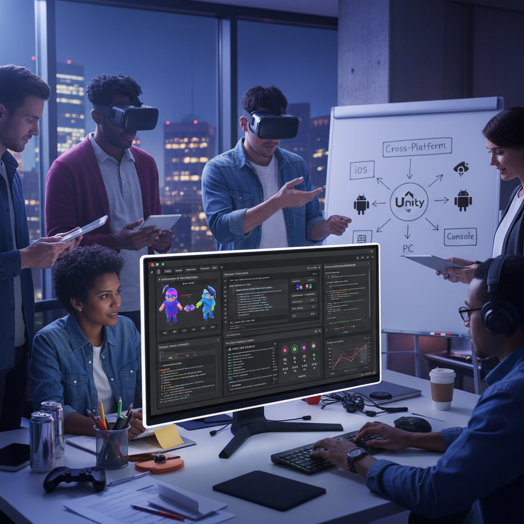 Unity game development interface with 3D game scene on bright screen in gaming studio