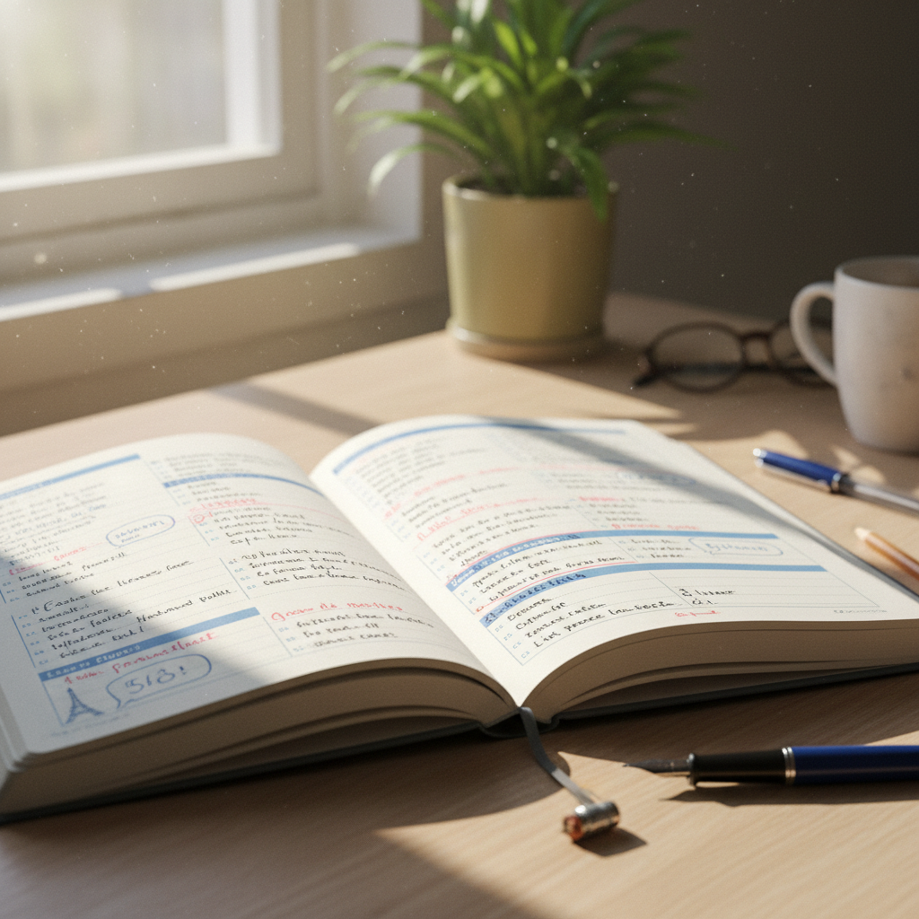 Open notebook with handwritten notes and a pen on a wooden desk, natural light, organized study space