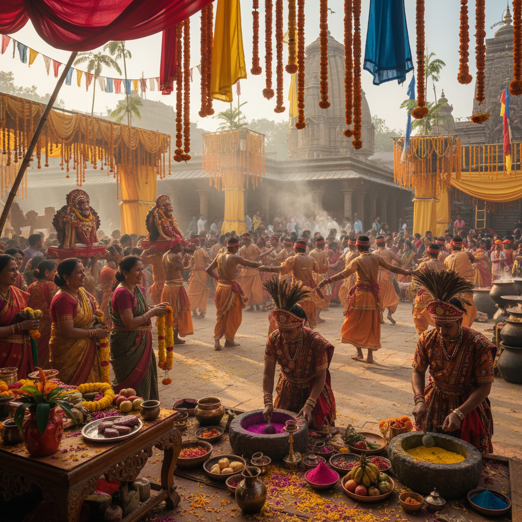 Traditional Indian cultural celebration with colorful attire and festive decorations