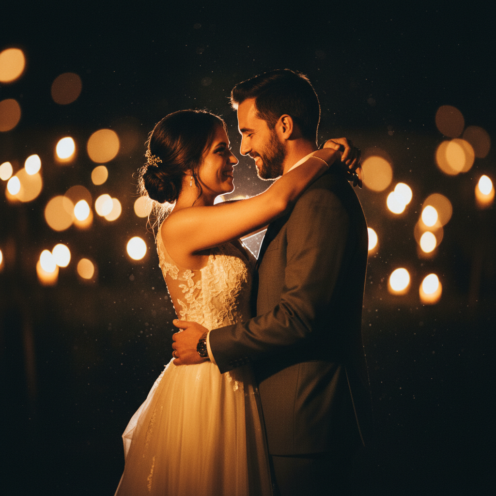 Finished graded wedding film — skin glowing amber, shadows rich, bokeh blooming