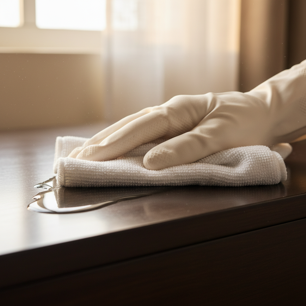 Gloved hand drawing a white microfiber cloth across a pristine nightstand surface in morning light, showing the wet trail left behind on an already-clean surface