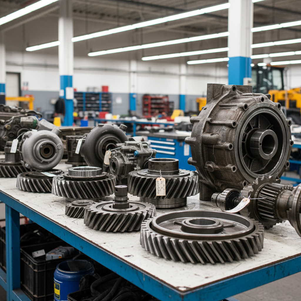 Close-up of a large dozer powertrain components laid out for inspection on a clean metal workbench