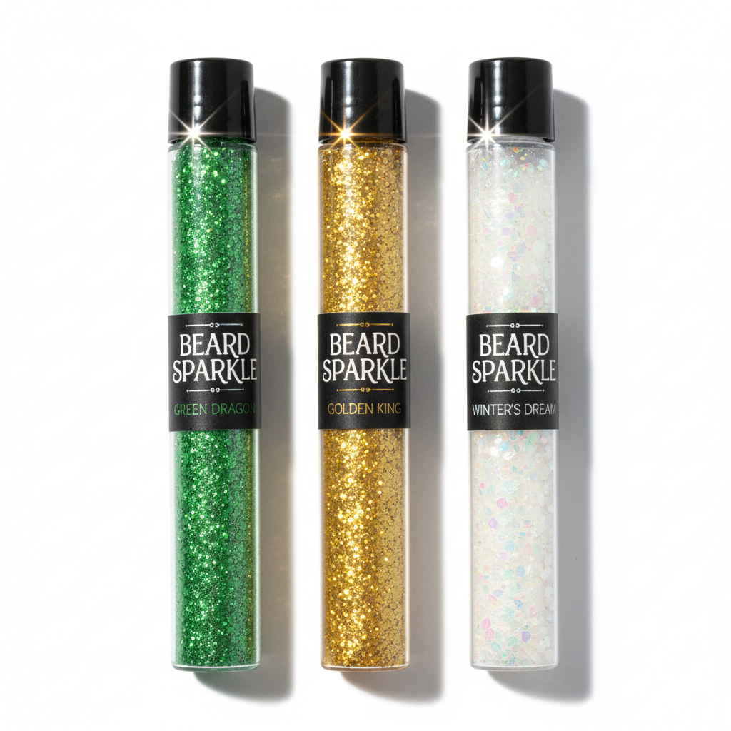 Three tubes of green gold and white cosmetic glitter for beard decoration at St. Patrick's Day