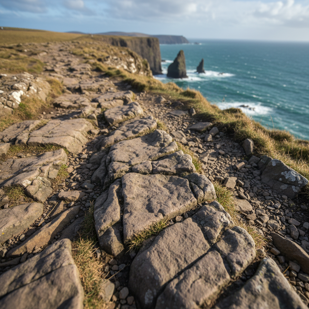 Close-up of rough stone path leading toward the cliff edge at Duncansby Head