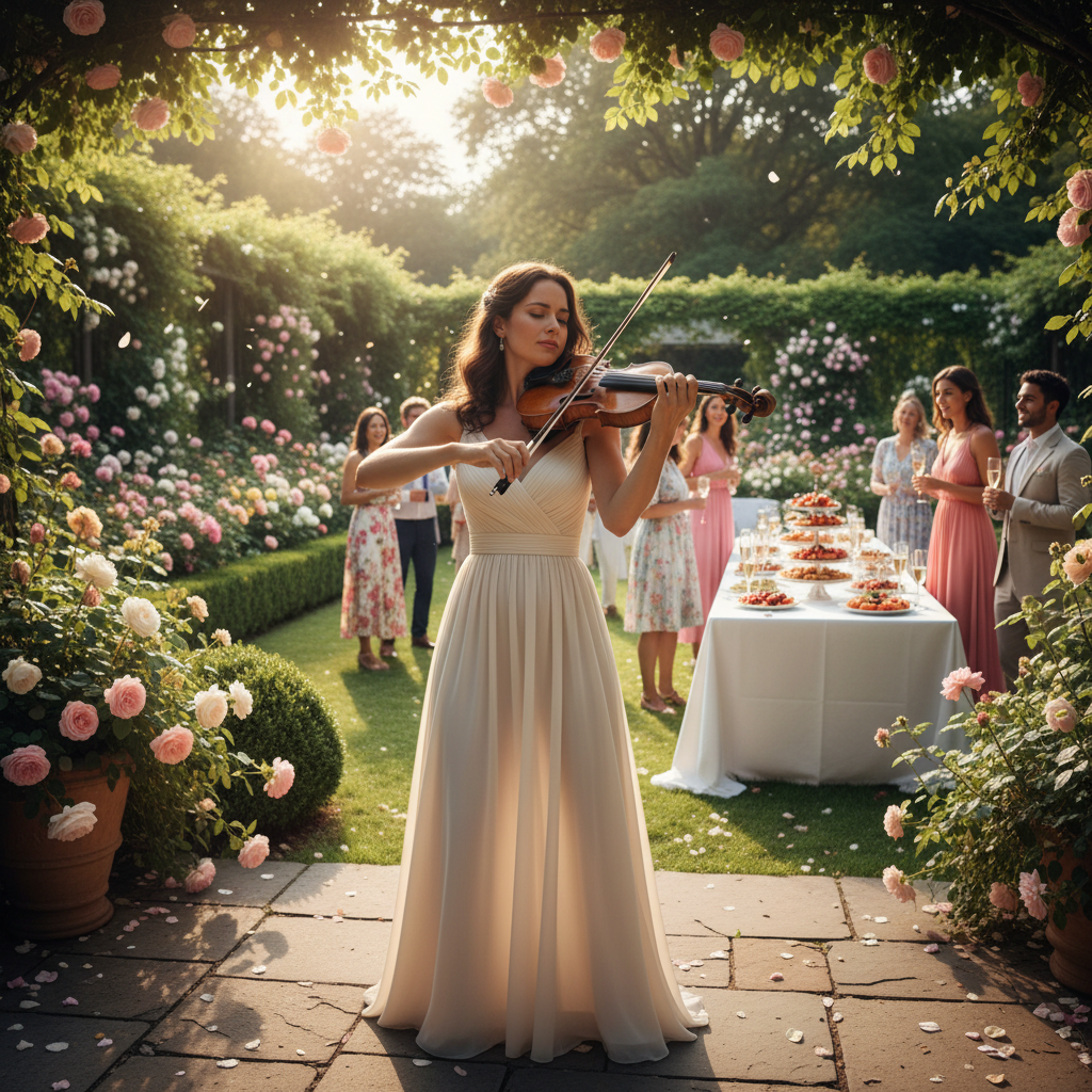 Hegedűelőadás szabadtéri kertben, természetes világítással