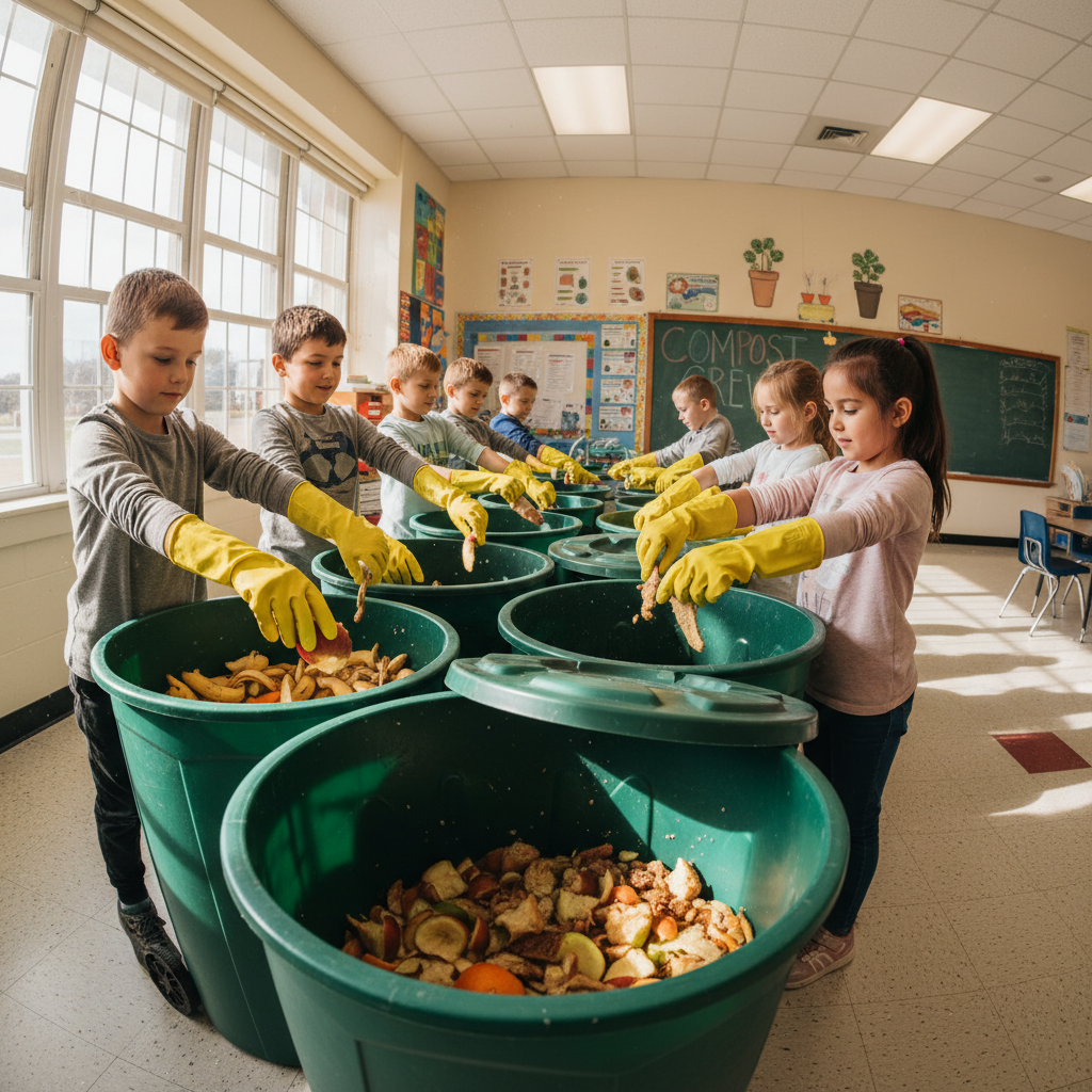 Elementary school children in bright yellow gloves sorting food scraps into compost bins in a school hallway