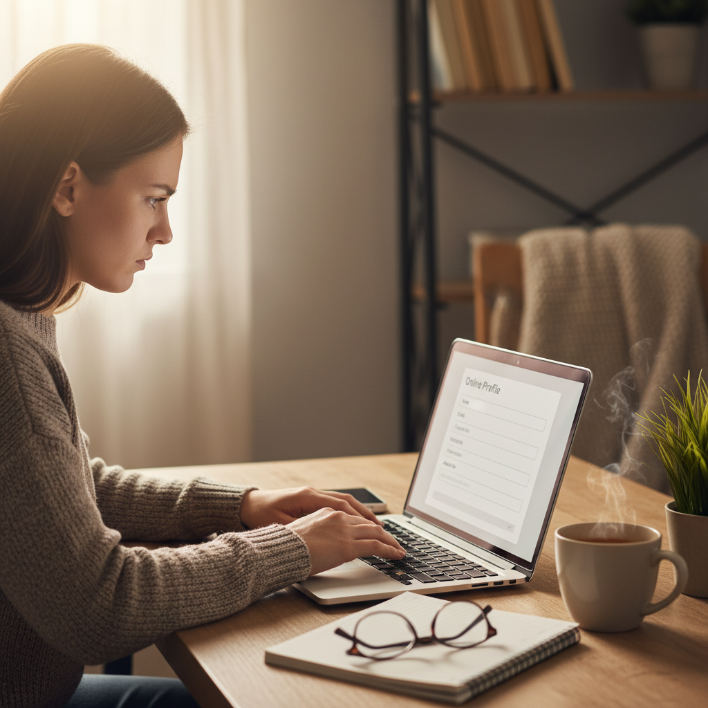 Person filling out a digital profile form on a laptop, clean bright desk, focused expression, modern home office