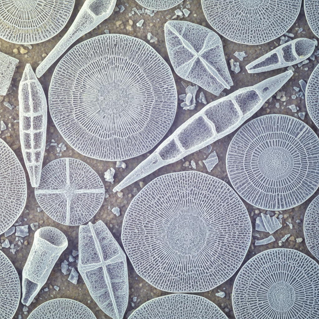 Electron microscope image of diatom frustules showing intricate silica skeleton structure