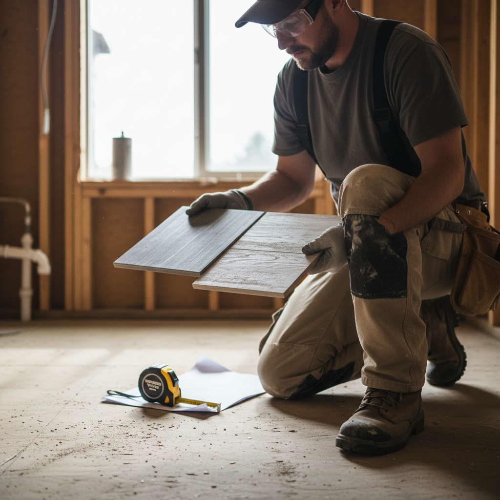 Property flipper in work gear reviewing tile samples on a subfloor in a gutted bathroom