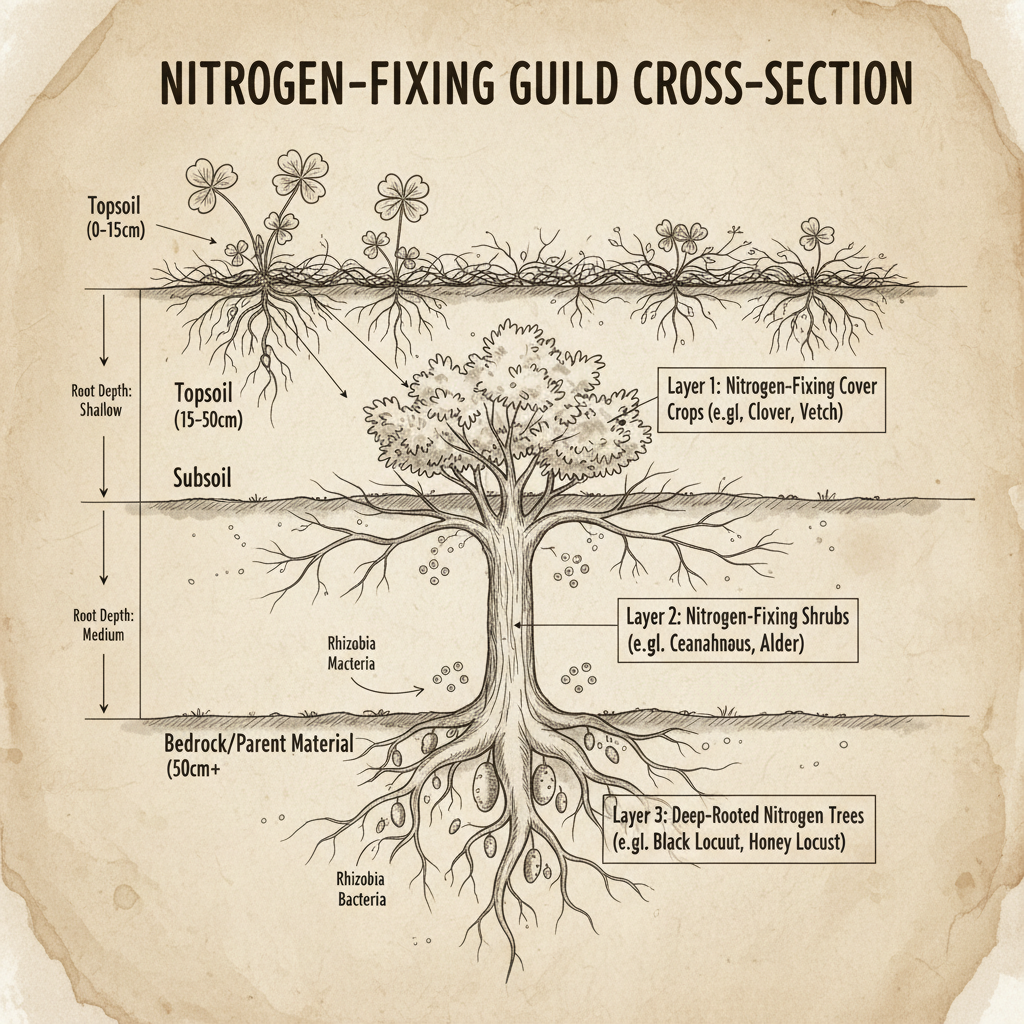 Hand-drawn cross-section diagram of a three-layer nitrogen-fixing guild with root depth annotations