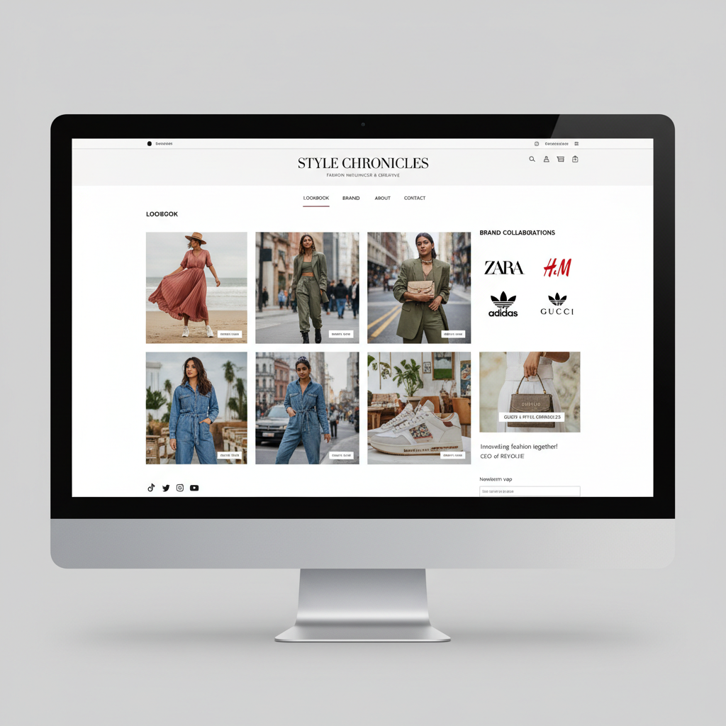 Fashion influencer link page showing lookbook and brand collabs