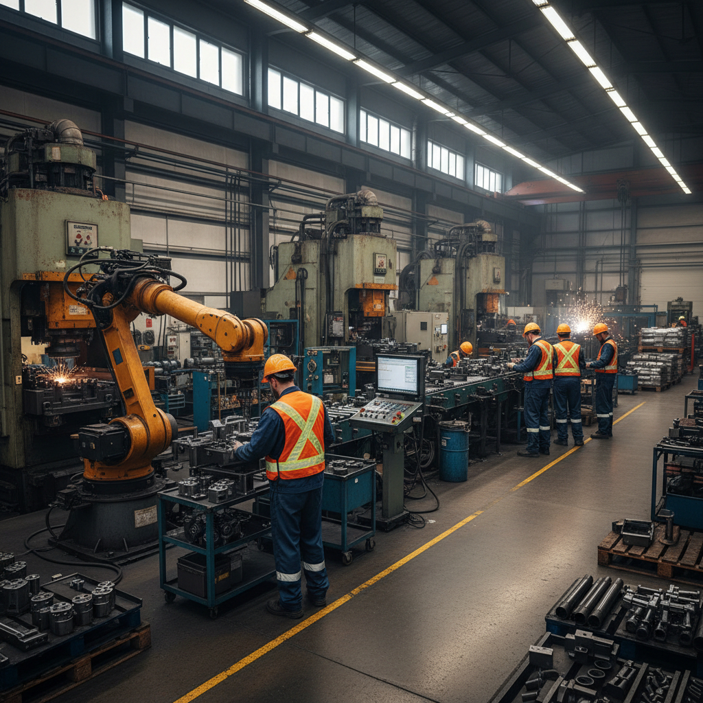 Industrielle Fertigungsanlage mit Maschinen und Arbeitern