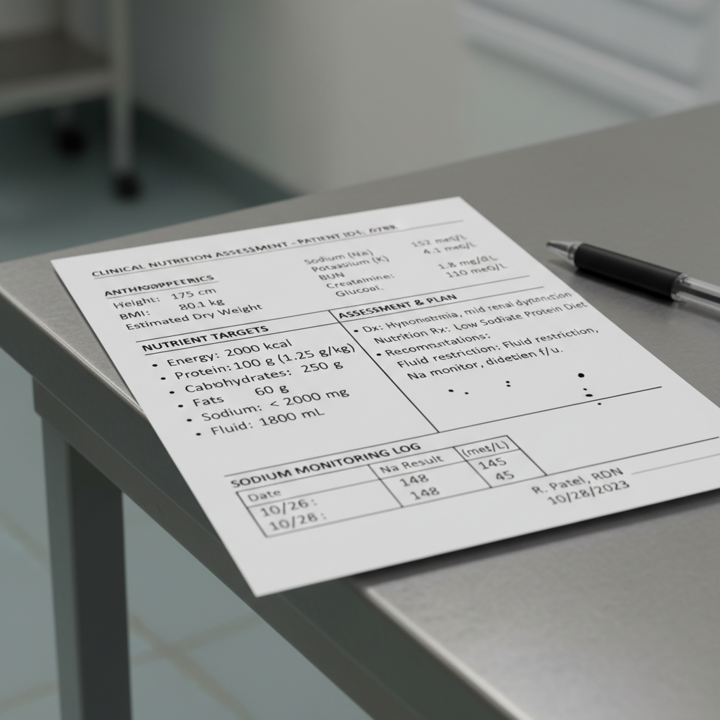 Clinical nutrition assessment worksheet with sodium and nutrient targets